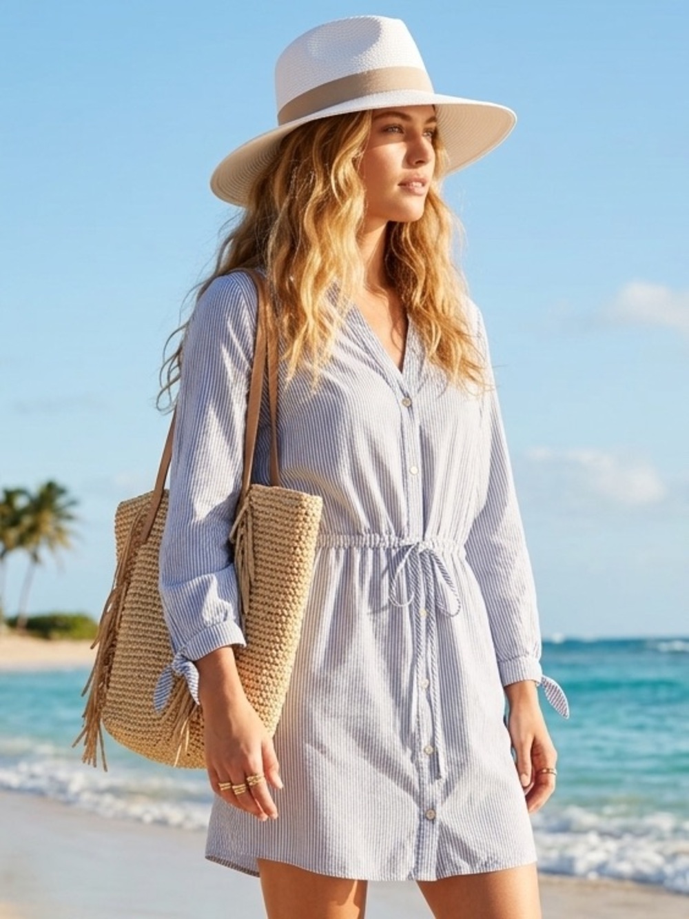 Abercrombie & Fitch Blue and White Striped Long Sleeve Shirt Dress | Size Medium
